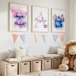 Personalised Kids Cartoon Character Watercolour Set Of Wall Prints, Bedroom Decor, Nursery Art Playroom Print, Girl's Room 2896 - thumbnail 2