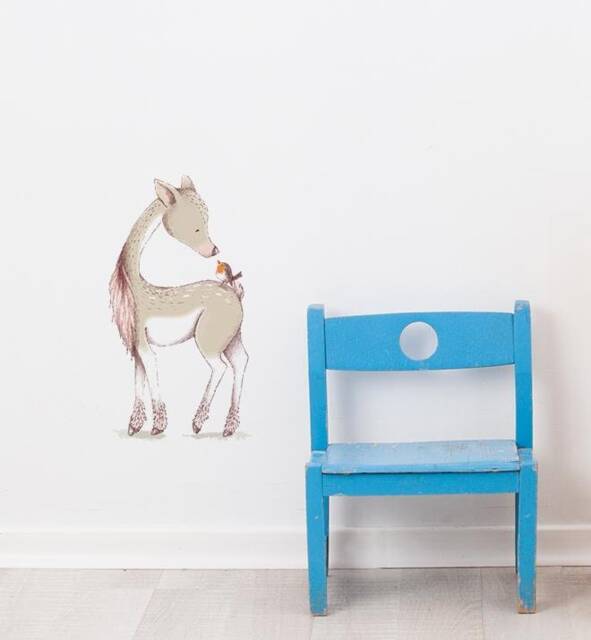 Young Deer With Bird On Back Wall Sticker Decal - Kids Stickers, Animals Childrens Decals, Art, Room