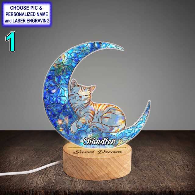 Personalized Sleeping Cat On Moon Acrylic Night Light With Name Engraving, Beech Wood Led Lamp, Custom Laser Engraved Gift - image 1