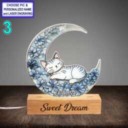 Personalized Sleeping Cat On Moon Acrylic Night Light With Name Engraving, Beech Wood Led Lamp, Custom Laser Engraved Gift - thumbnail 3