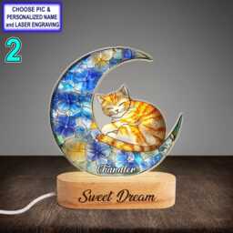Personalized Sleeping Cat On Moon Acrylic Night Light With Name Engraving, Beech Wood Led Lamp, Custom Laser Engraved Gift - thumbnail 2