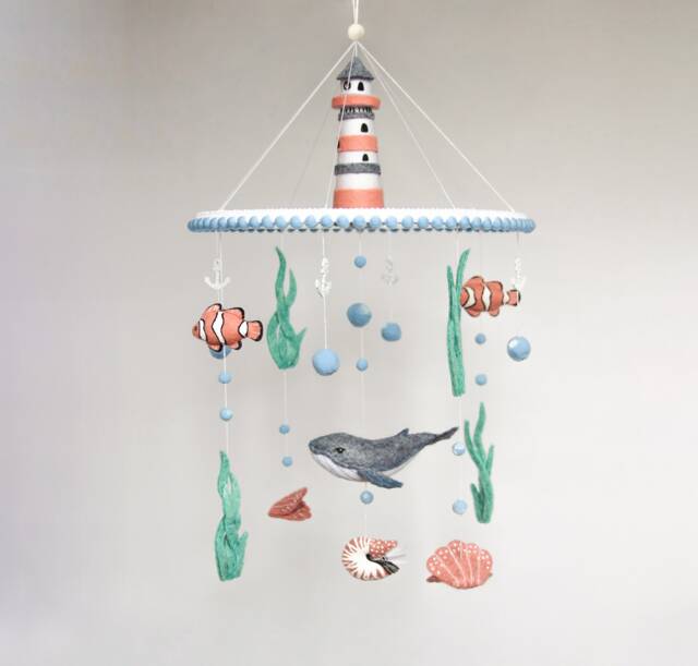 Baby Mobile Ocean With Lighthouse, Whale, Clown Fish, & Nautilus For Boy Or Girl - Mobile Nursery Nursery - image 1