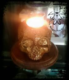 Bronze Skull Candle Holders, Wooden Base - thumbnail 1
