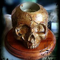 Bronze Skull Candle Holders, Wooden Base - thumbnail 2
