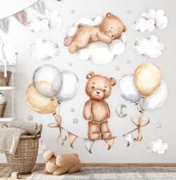 Watercolor Teddy Bears Wall Stickers For Children's Room, Yellow Kids Room Decor, Animals Decal Baby Self Adhesive - thumbnail 1
