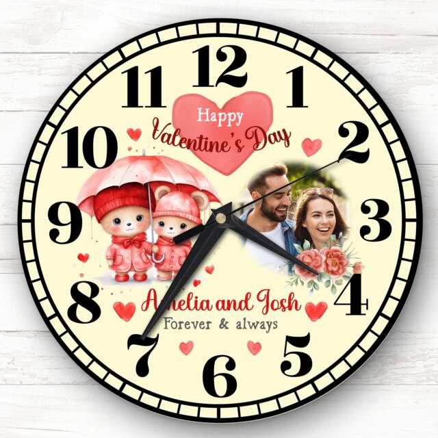 Valentine's Day Gift Couple Bear Photo Yellow Personalised Clock - image 1