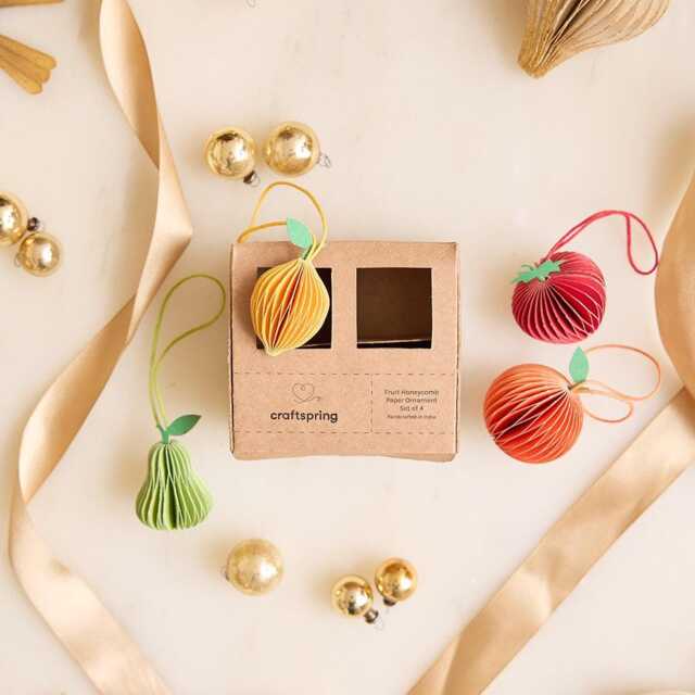 Fruit Honeycomb Paper Mini Ornaments - Set Of 4, Handcrafted Recycled Cotton Ornaments, Handmade Christmas Decor - image 1