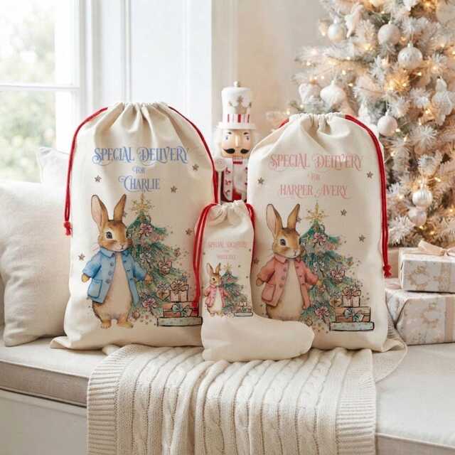 Personalised Rabbit Christmas Santa Sack, Custom Holiday Linen Stocking, Winter Bunny Gift Bag - image 1