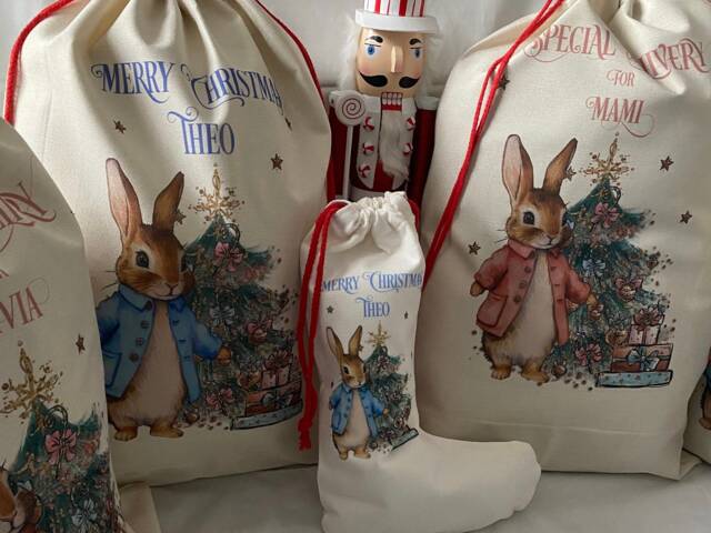 Personalised Rabbit Christmas Sack Linen Canvas Stocking Santa Gift Sack - image 1