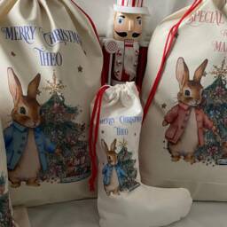 Personalised Rabbit Christmas Santa Sack, Custom Holiday Linen Stocking, Winter Bunny Gift Bag - thumbnail 2