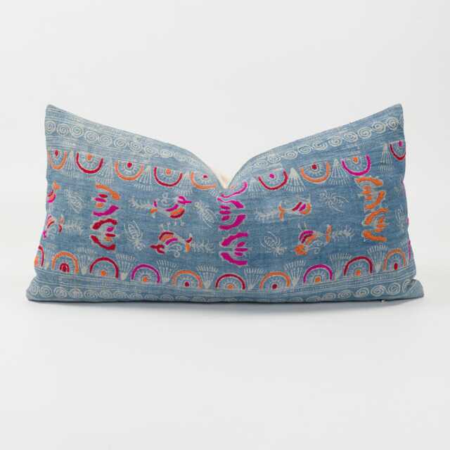 Vintage Indigo Hemp Lumbar Pillow Cover, Embroidered Tribal Cushion - image 1