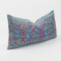Vintage Indigo Hemp Lumbar Pillow Cover, Embroidered Tribal Cushion - thumbnail 3