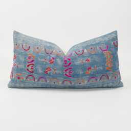 Vintage Indigo Hemp Lumbar Pillow Cover, Embroidered Tribal Cushion - thumbnail 1