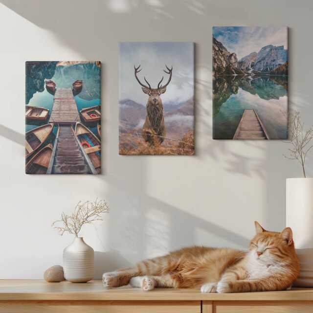 Canvas Art Set Of 3 - Lake With Boats, Deer & Mountain Landscape, Turquoise Print, Landscapes Wall Decor - image 1