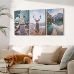 Canvas Art Set Of 3 - Lake With Boats, Deer & Mountain Landscape, Turquoise Print, Landscapes Wall Decor - thumbnail 2