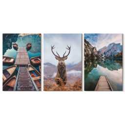 Canvas Art Set Of 3 - Lake With Boats, Deer & Mountain Landscape, Turquoise Print, Landscapes Wall Decor - thumbnail 3