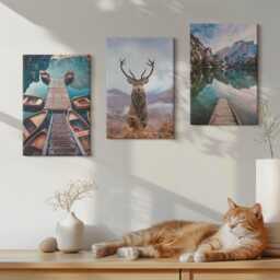 Canvas Art Set Of 3 - Lake With Boats, Deer & Mountain Landscape, Turquoise Print, Landscapes Wall Decor