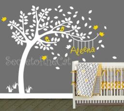Personalized White Tree Nursery Wall Decal - Birds & Name Vinyl Decor - thumbnail 2