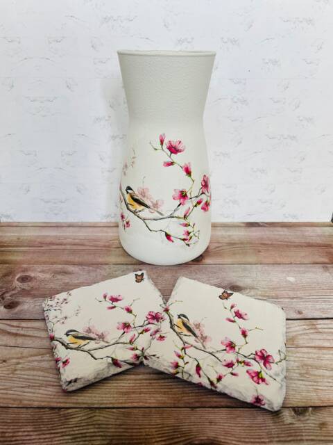 Personalised Vintage Bird Vase & Bird Coaster Set Flower Gifts - image 1