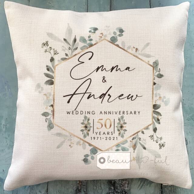 Personalised Mr Mrs Wedding Anniversary 25 50 1St .. Geometric Eucalyptus Greenery Design Linen Style Cushion Decor Cover