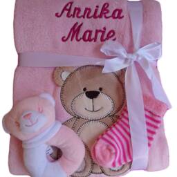 Baby Blanket Embroidered With Name + Bonus Baby Socks Rattle Grasping Toy Baptism - thumbnail 2