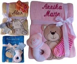 Baby Blanket Embroidered With Name + Bonus Baby Socks Rattle Grasping Toy Baptism