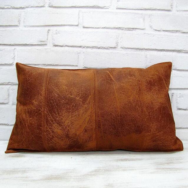 Brown Faux Leather Fabric Lumbar Pillow Cover With Decorative Stitches/Modern Scandinavian Homes-1Pcs - image 1
