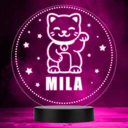 Japanese Lucky Cat Stars Round Personalised Gift Colour Changing Night Light - Bedroom Lamp