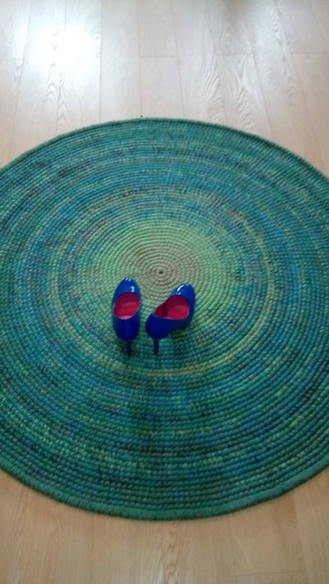 Handmade Round Wool Rug - Teal, Green, Turquoise Crochet Carpet - image 1