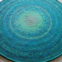Handmade Round Wool Rug - Teal, Green, Turquoise Crochet Carpet - thumbnail 3
