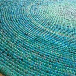 Handmade Round Wool Rug - Teal, Green, Turquoise Crochet Carpet - thumbnail 2
