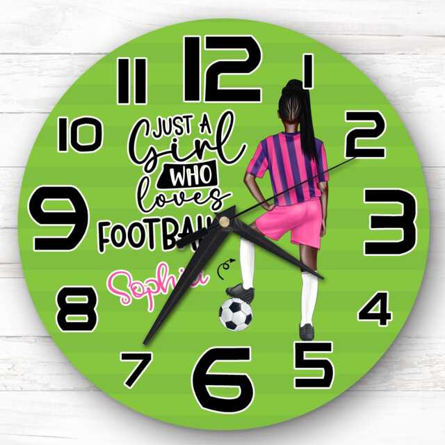 Girls Football Braid Dark Skin Personalised Gift For Kid's Bedroom Clock - Kids Clock, Children's , Custom Wall - image 1