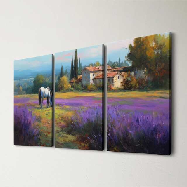 Horse in Lavender Field 3 Panel Split Canvas Wall Art Animal Landscape French Countryside Farmhouse Oil Painting Framed Home Decor - image 1