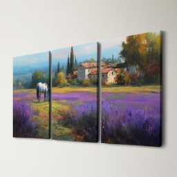 Horse in Lavender Field 3 Panel Split Canvas Wall Art Animal Landscape French Countryside Farmhouse Oil Painting Framed Home Decor - thumbnail 1