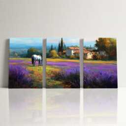 Horse in Lavender Field 3 Panel Split Canvas Wall Art Animal Landscape French Countryside Farmhouse Oil Painting Framed Home Decor - thumbnail 3