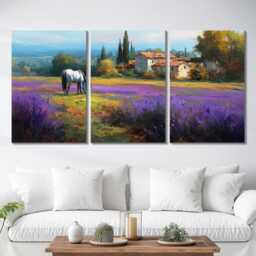Horse in Lavender Field 3 Panel Split Canvas Wall Art Animal Landscape French Countryside Farmhouse Oil Painting Framed Home Decor - thumbnail 2