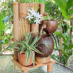 Handmade Coconut Shell Tabletop Fountain With Bamboo Wall - thumbnail 2