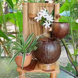 Handmade Coconut Shell Tabletop Fountain With Bamboo Wall - thumbnail 3