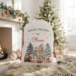 Personalised Christmas Santa Sack, Custom Woodland Animal Stocking, Linen Bag - thumbnail 1
