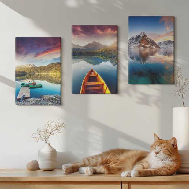 Canvas Art Set Of 3 - Tranquil Lakes With Mountain Scenery & A Boat, Blue Wall Art, Landscapes Hanging Piece - image 1