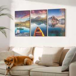 Canvas Art Set Of 3 - Tranquil Lakes With Mountain Scenery & A Boat, Blue Wall Art, Landscapes Hanging Piece - thumbnail 2