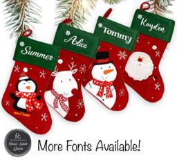 Personalised Green & Red Christmas Stocking, Santa, Snowman, Reindeer, Named Family Stocking - thumbnail 1