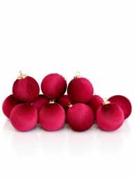 Flocked Christmas Ornaments Cherry Red, Burgundy Colors - 12 Pcs Elegance Holiday Decor - thumbnail 1