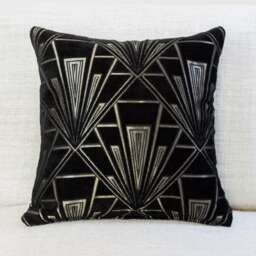 "Art Deco Cushion. Luxury Velvet Chenille. Silver & Black. 17""x17"