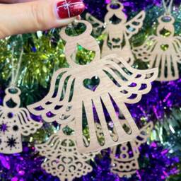 Set Of 7 Wooden Angel Christmas Tree Decoration Bauble - Beautiful Xmas Ornament in Oak, Walnut Cherry Wood /Silver, Gold, Red, Green Glitter - thumbnail 2