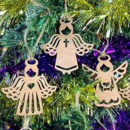 Set Of 7 Wooden Angel Christmas Tree Decoration Bauble - Beautiful Xmas Ornament in Oak, Walnut Cherry Wood /Silver, Gold, Red, Green Glitter
