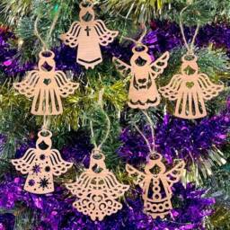 Set Of 7 Wooden Angel Christmas Tree Decoration Bauble - Beautiful Xmas Ornament in Oak, Walnut Cherry Wood /Silver, Gold, Red, Green Glitter - thumbnail 3