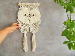 Macrame Owl Wall Hanging Boho Tapestry, Handmade Cotton Decor - thumbnail 1
