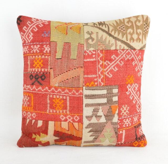 Kilim Pillow Patchwork Wool , Front Side Patchwork Unico, 40x40 cm .16x16Inc , Kilim Cover, Home D??cor , Throw Decorative - image 1