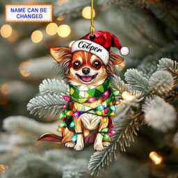 Custom Name Chihuahua Cute Dog With Santa Hat Christmas Lights Ornament, Tree Hanging Decor, Flat 2D Ornament